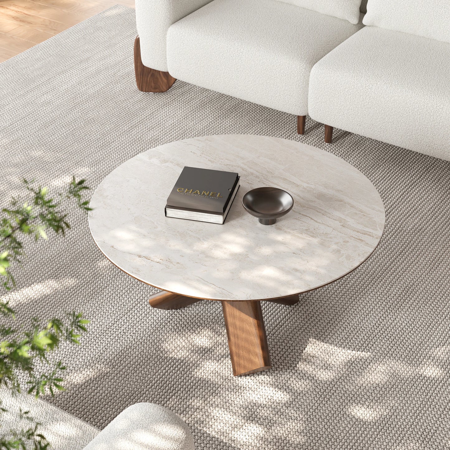 Round Travertine Stone Top Solid Wood Coffee Table