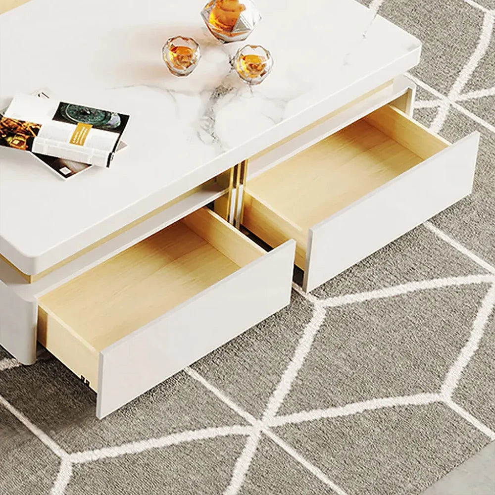 Trimied Modern White Square Storage Coffee Table Stone Top with 4 Wood Drawers