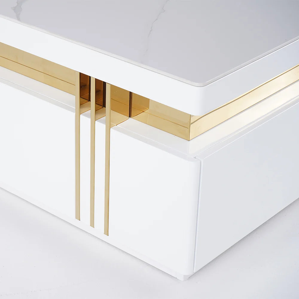 Trimied Modern White Square Storage Coffee Table Stone Top with 4 Wood Drawers