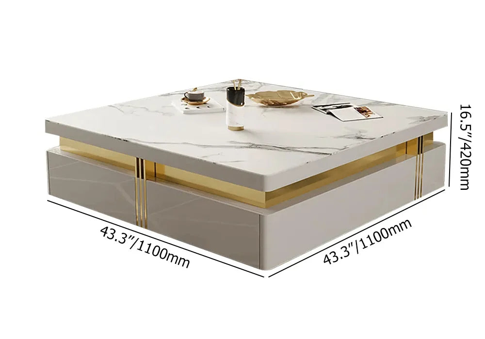 Trimied Modern White Square Storage Coffee Table Stone Top with 4 Wood Drawers