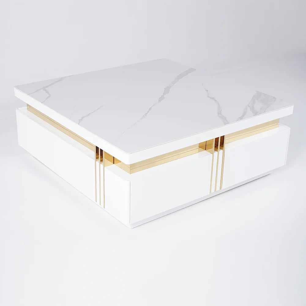Trimied Modern White Square Storage Coffee Table Stone Top with 4 Wood Drawers