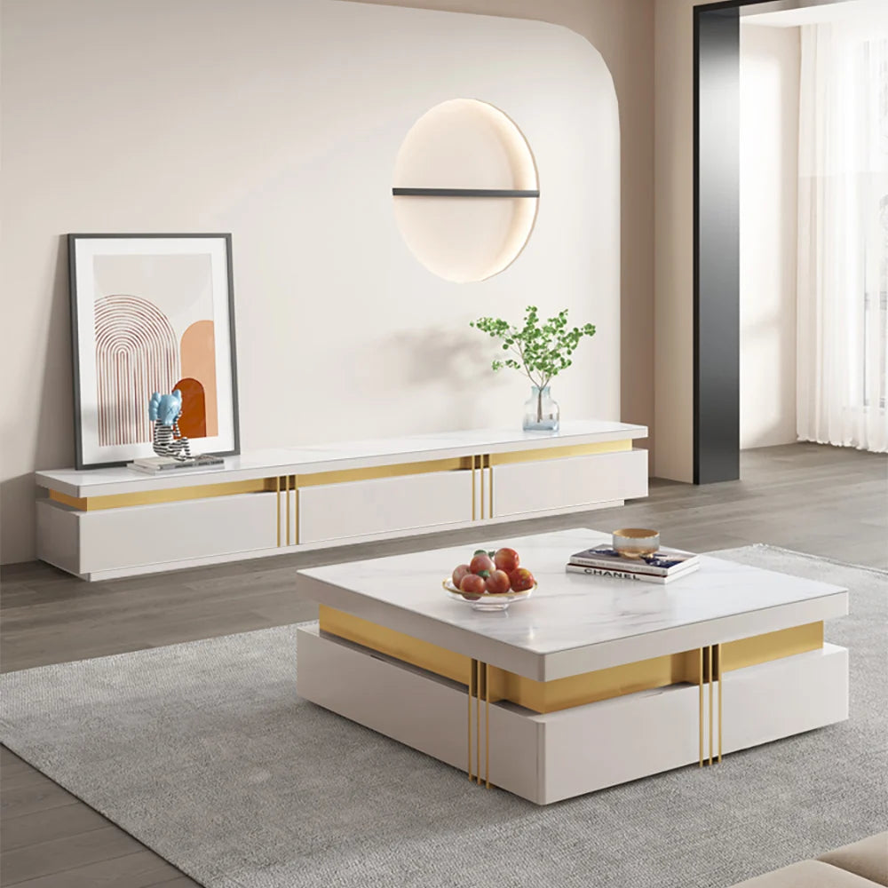 Trimied Modern White Square Storage Coffee Table Stone Top with 4 Wood Drawers