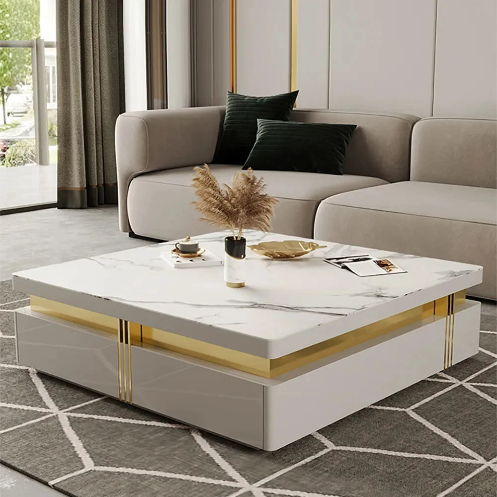 Trimied Modern White Square Storage Coffee Table Stone Top with 4 Wood Drawers