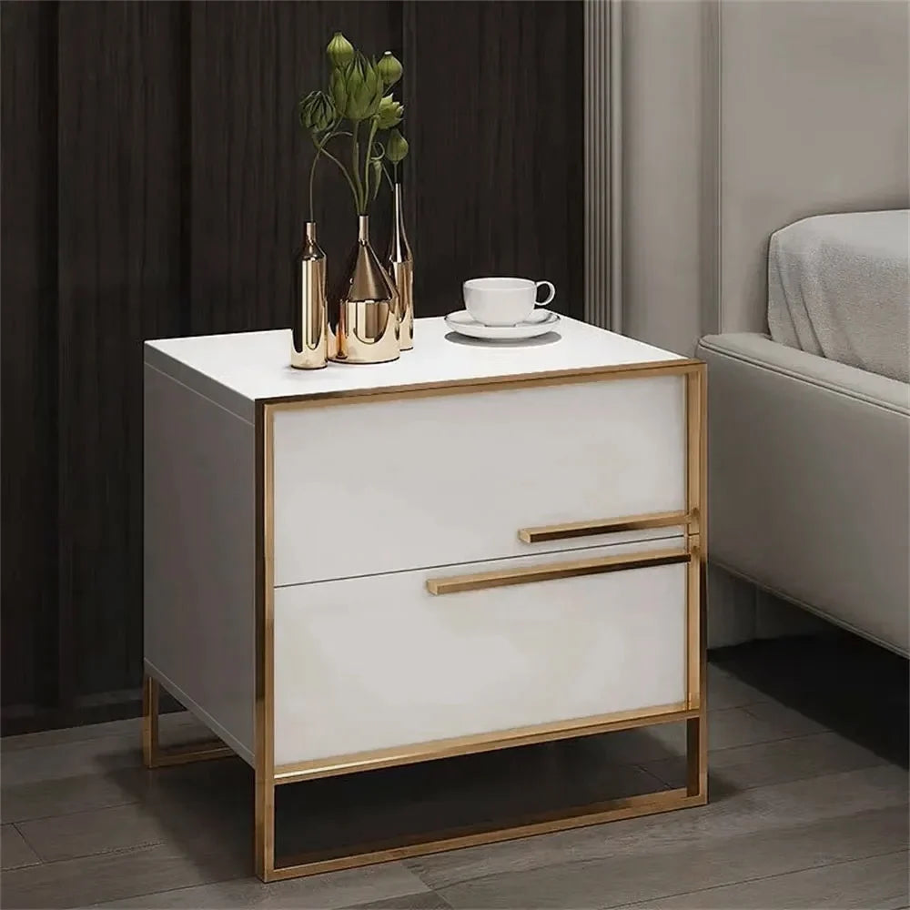 Minimalist Design Nightstand with 2 Drawers with Gold Base