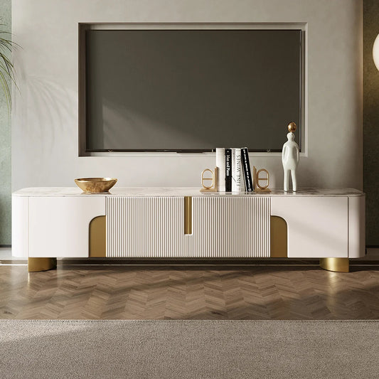 Stone Top Beige & Gold TV Stand