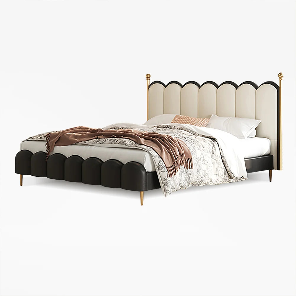 White & Black Faux Leather Curved Upholstered King Bed