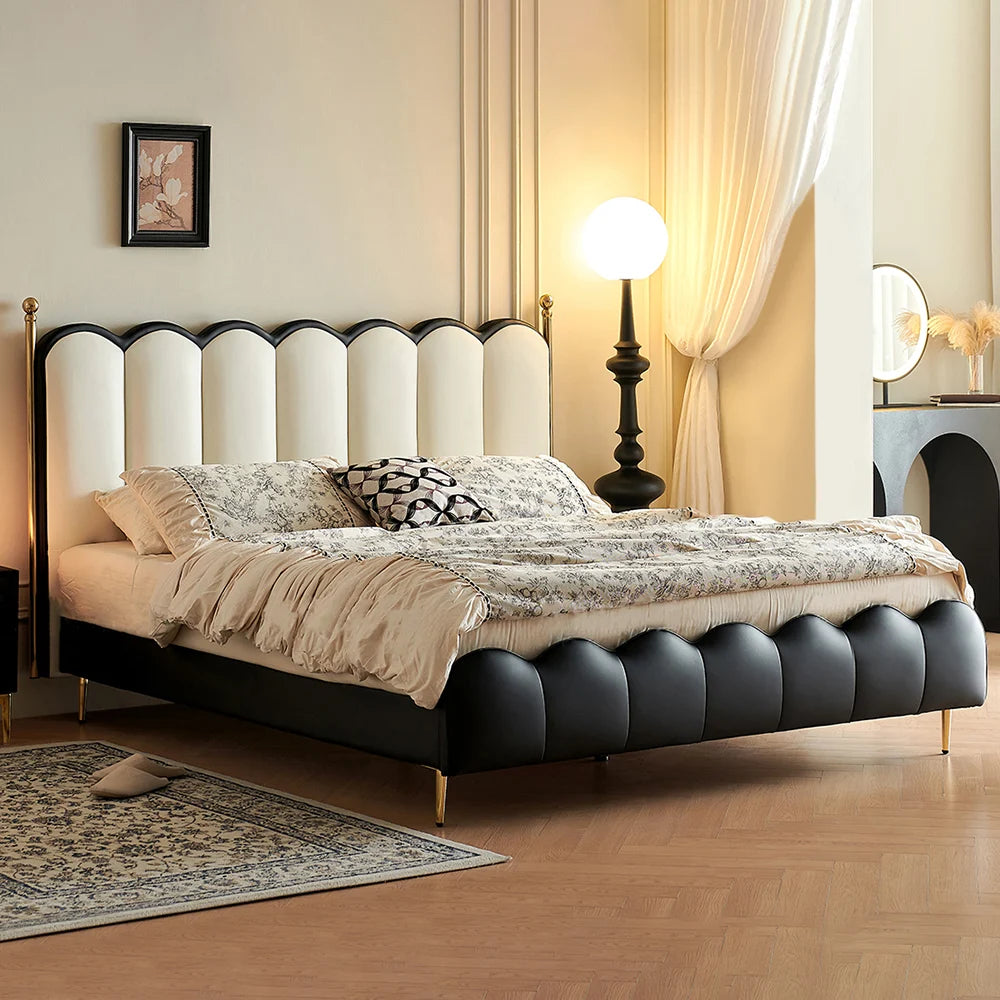 White & Black Faux Leather Curved Upholstered King Bed