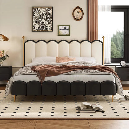 White & Black Faux Leather Curved Upholstered King Bed