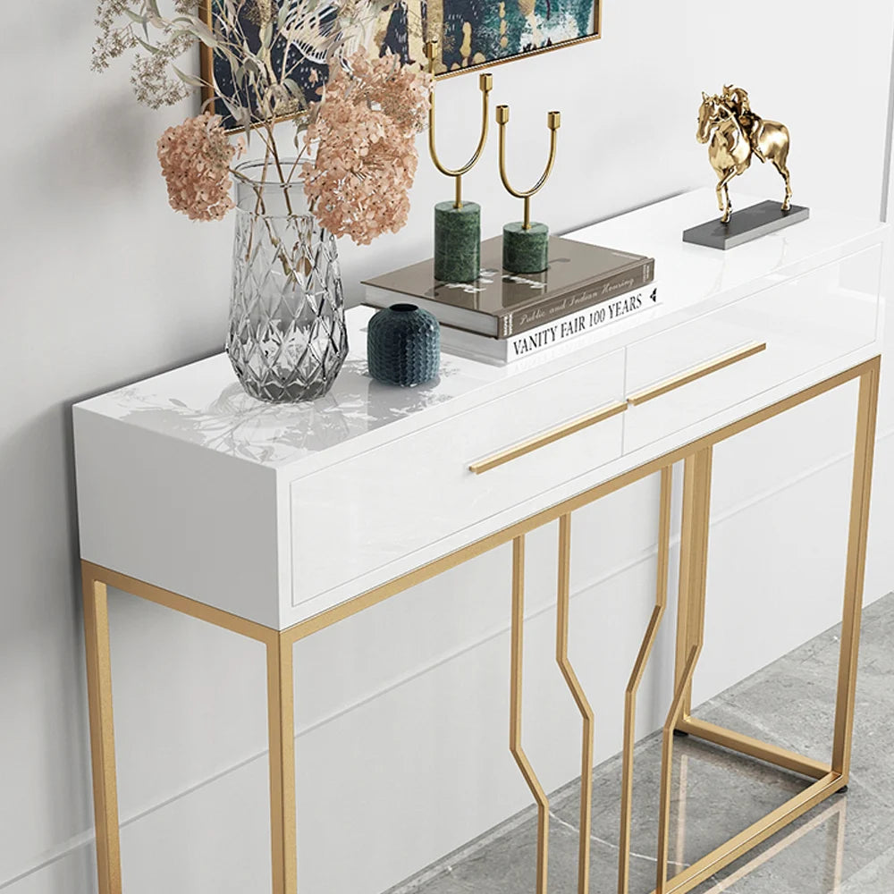 Modern Narrow White Console Table with Storage Wood Entryway Table with Drawers