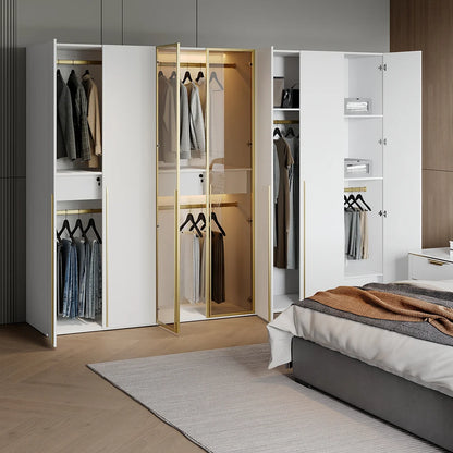 White & Gold Modern Extra Wide Wardrobe with Clear Glass Door Storage