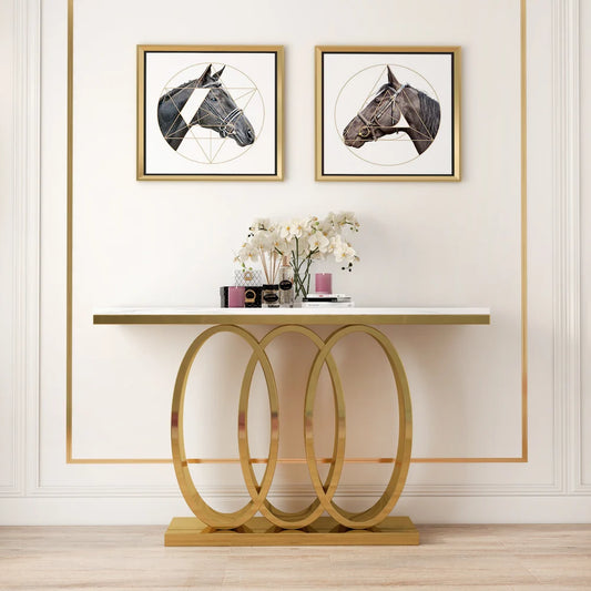 Narrow Modern White Console Table with Faux Marble Top & Stainless Steel Base