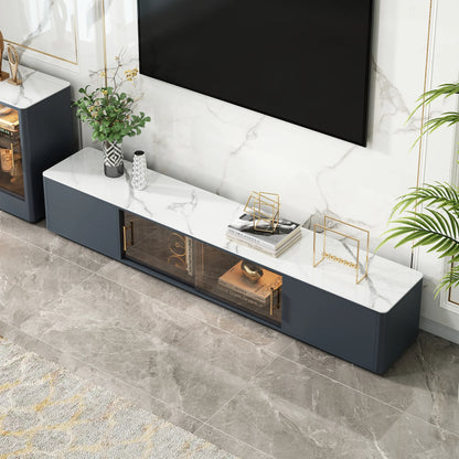 Modern Dark Gray TV Stand Stone Top 4-Drawer Glass Doors Media Console in Large