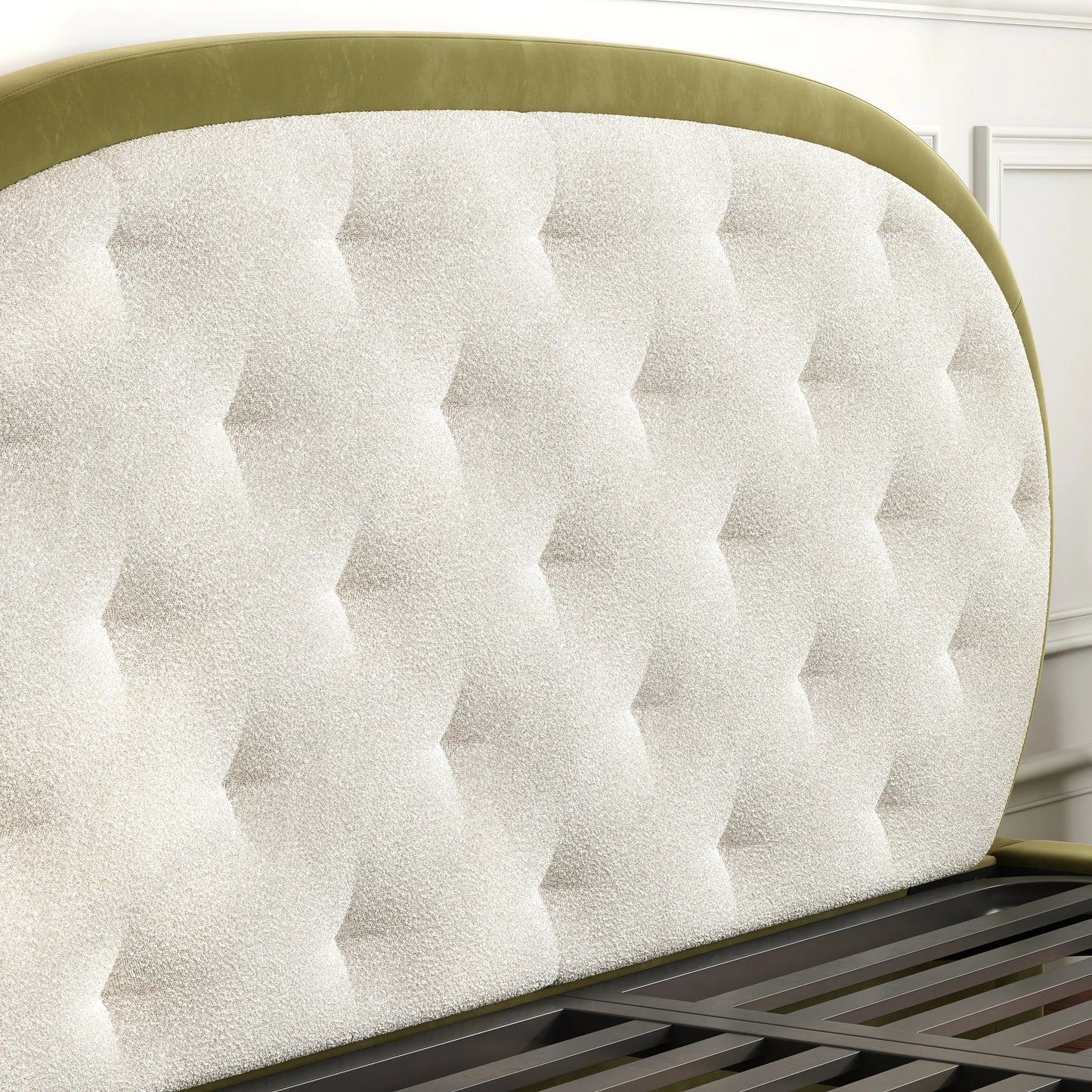 White & Green Velvet Boucle Platform King Bed