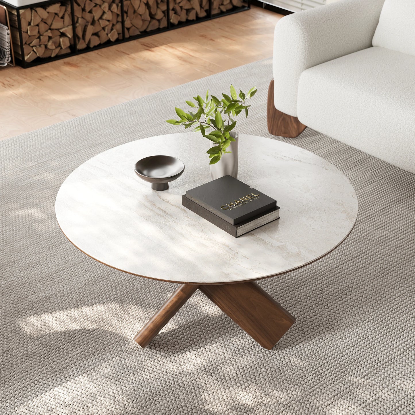 Round Travertine Stone Top Solid Wood Coffee Table