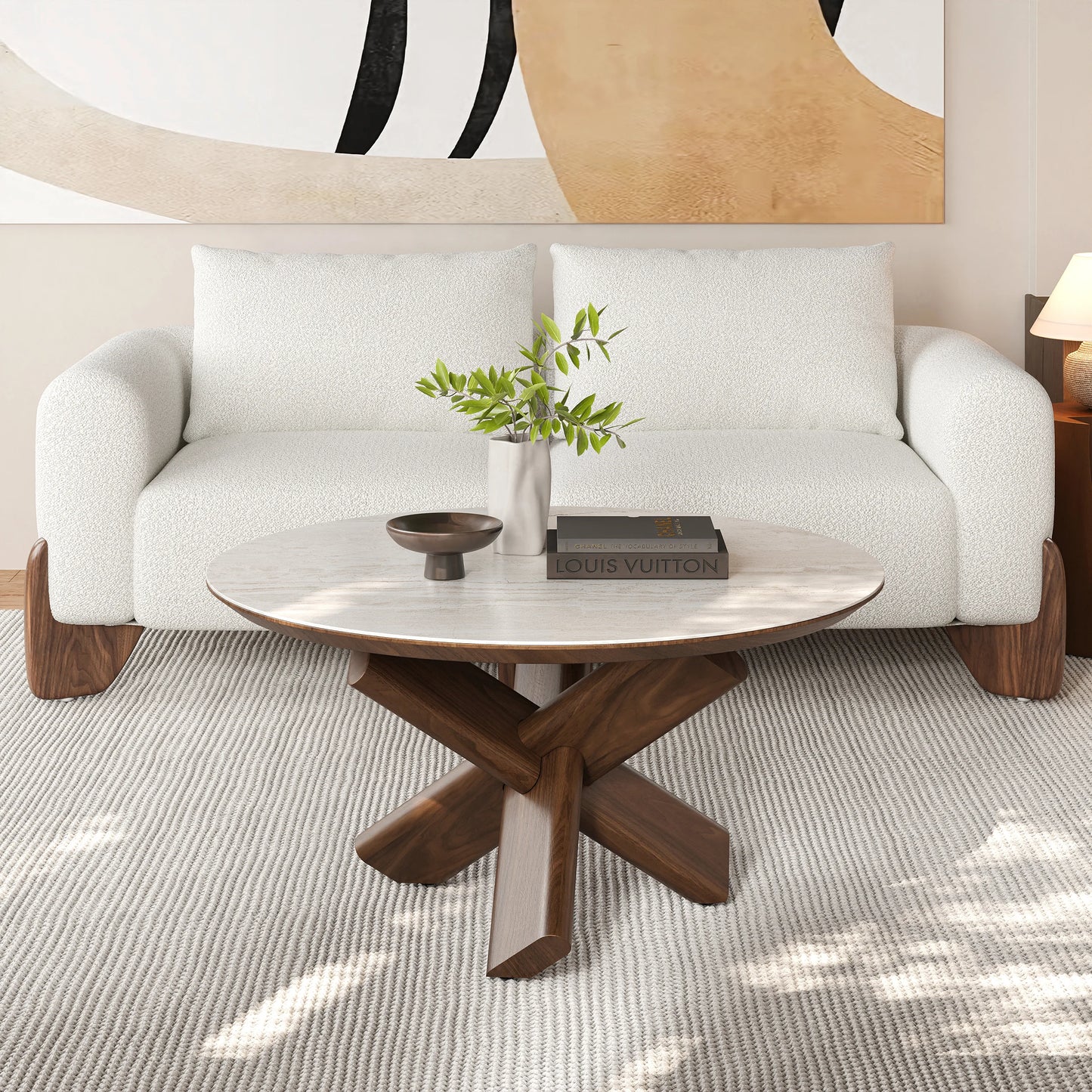 Round Travertine Stone Top Solid Wood Coffee Table
