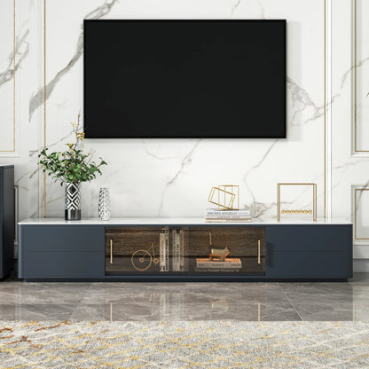 Modern Dark Gray TV Stand Stone Top 4-Drawer Glass Doors Media Console in Large