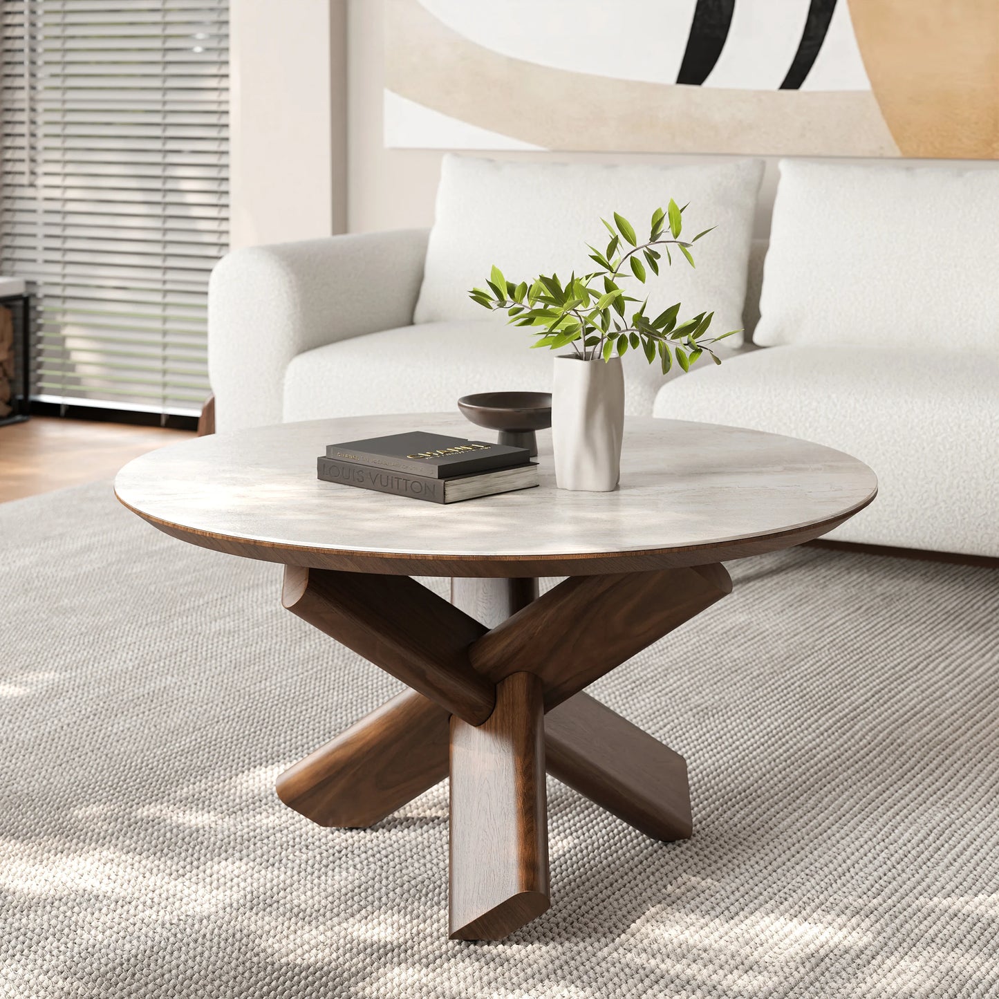 Round Travertine Stone Top Solid Wood Coffee Table