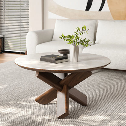 Round Travertine Stone Top Solid Wood Coffee Table