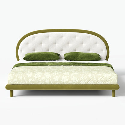 White & Green Velvet Boucle Platform King Bed