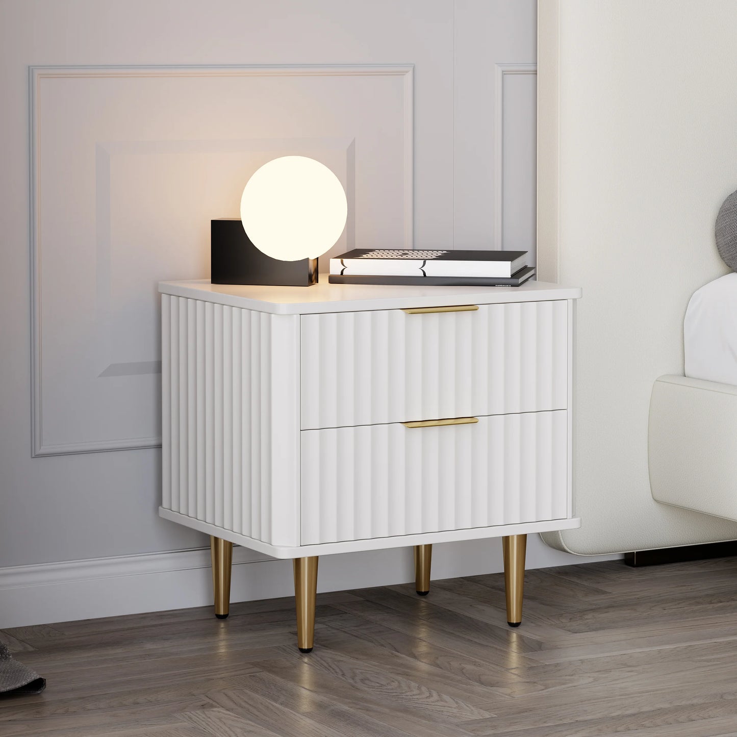 Modern White Nightstand with 2 Drawers Bedside Table with Gold Legs