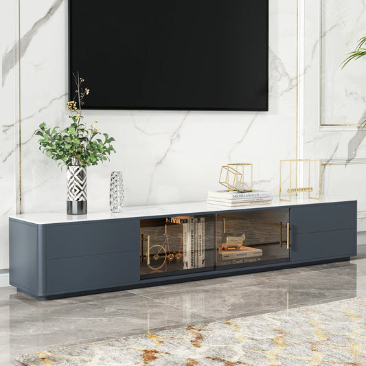 Modern Dark Gray TV Stand Stone Top 4-Drawer Glass Doors Media Console in Large