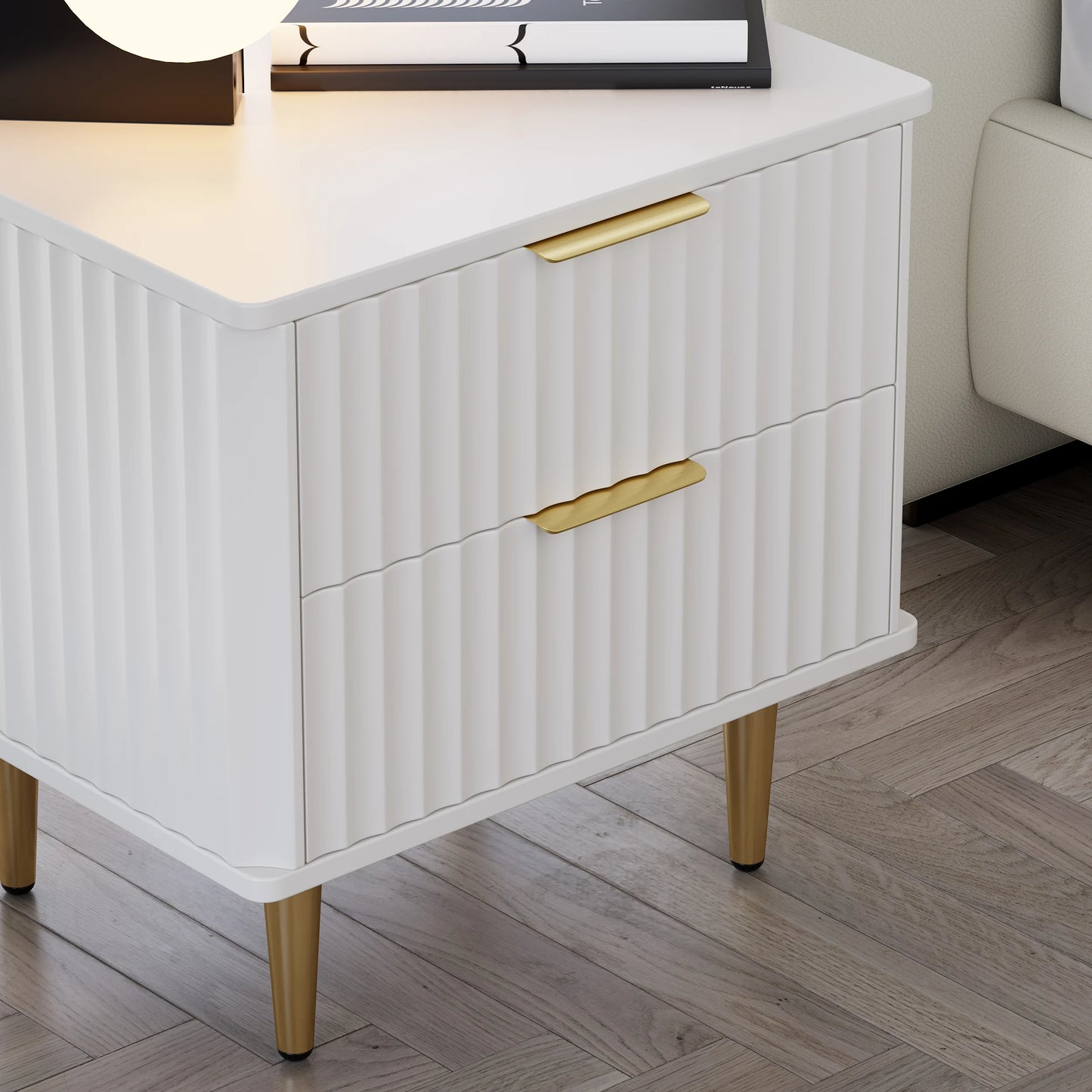 Modern White Nightstand with 2 Drawers Bedside Table with Gold Legs