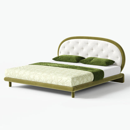 White & Green Velvet Boucle Platform King Bed