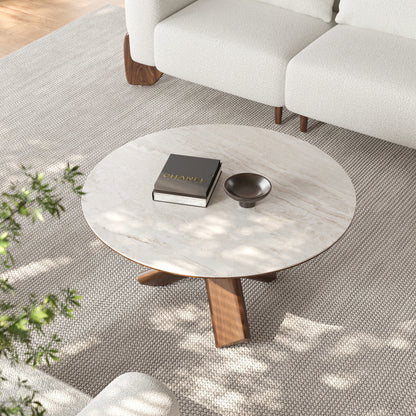 Round Travertine Stone Top Solid Wood Coffee Table