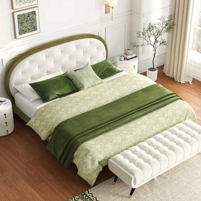 White & Green Velvet Boucle Platform King Bed