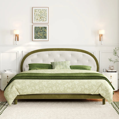 White & Green Velvet Boucle Platform King Bed