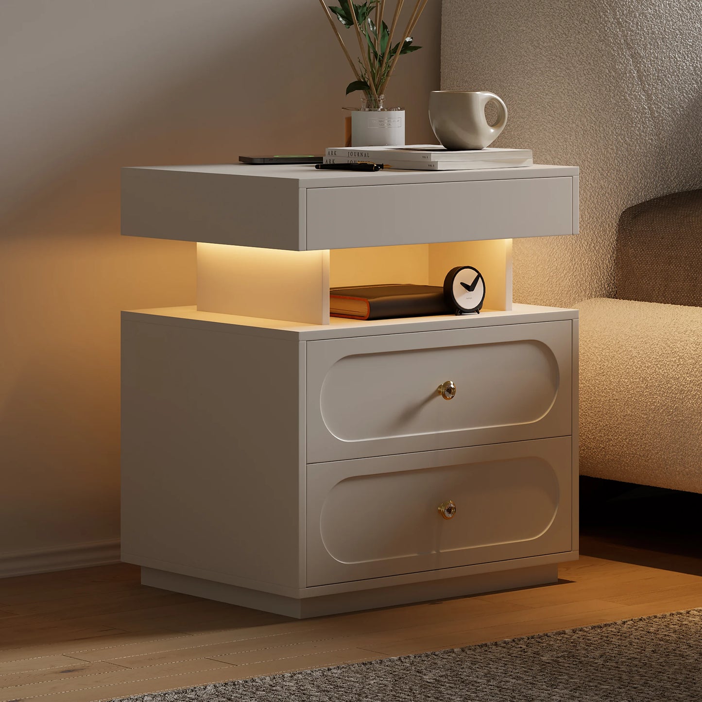 Floating 3-Drawer LED Smart Nightstand with Light