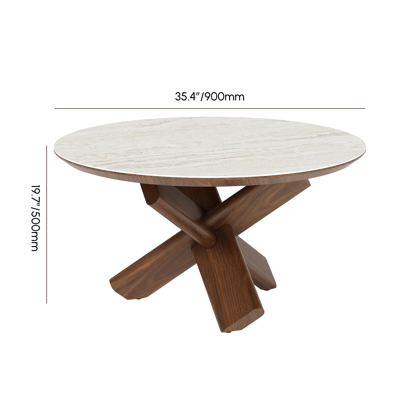 Round Travertine Stone Top Solid Wood Coffee Table