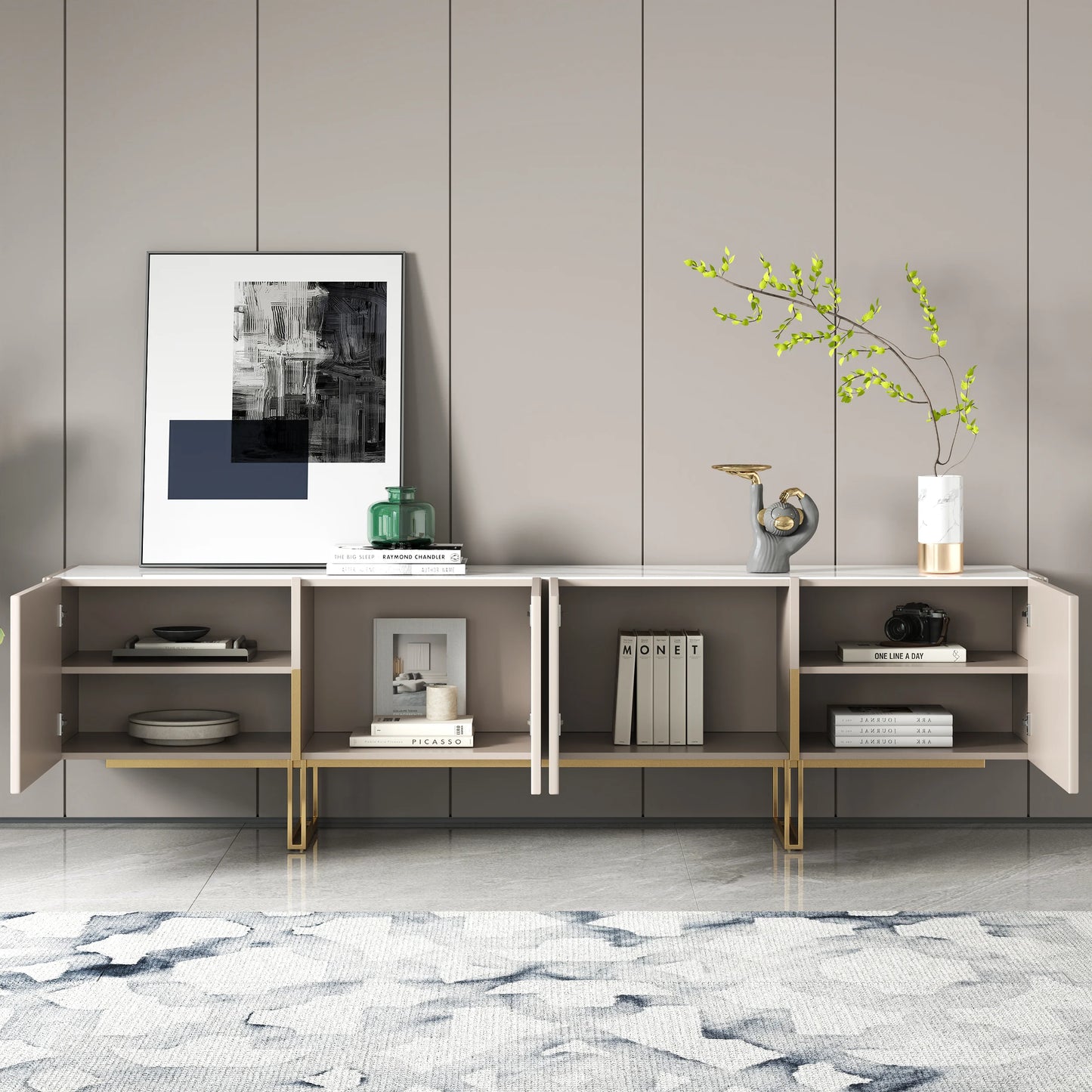 Sintered Stone Top Fluted TV Stand with Storage