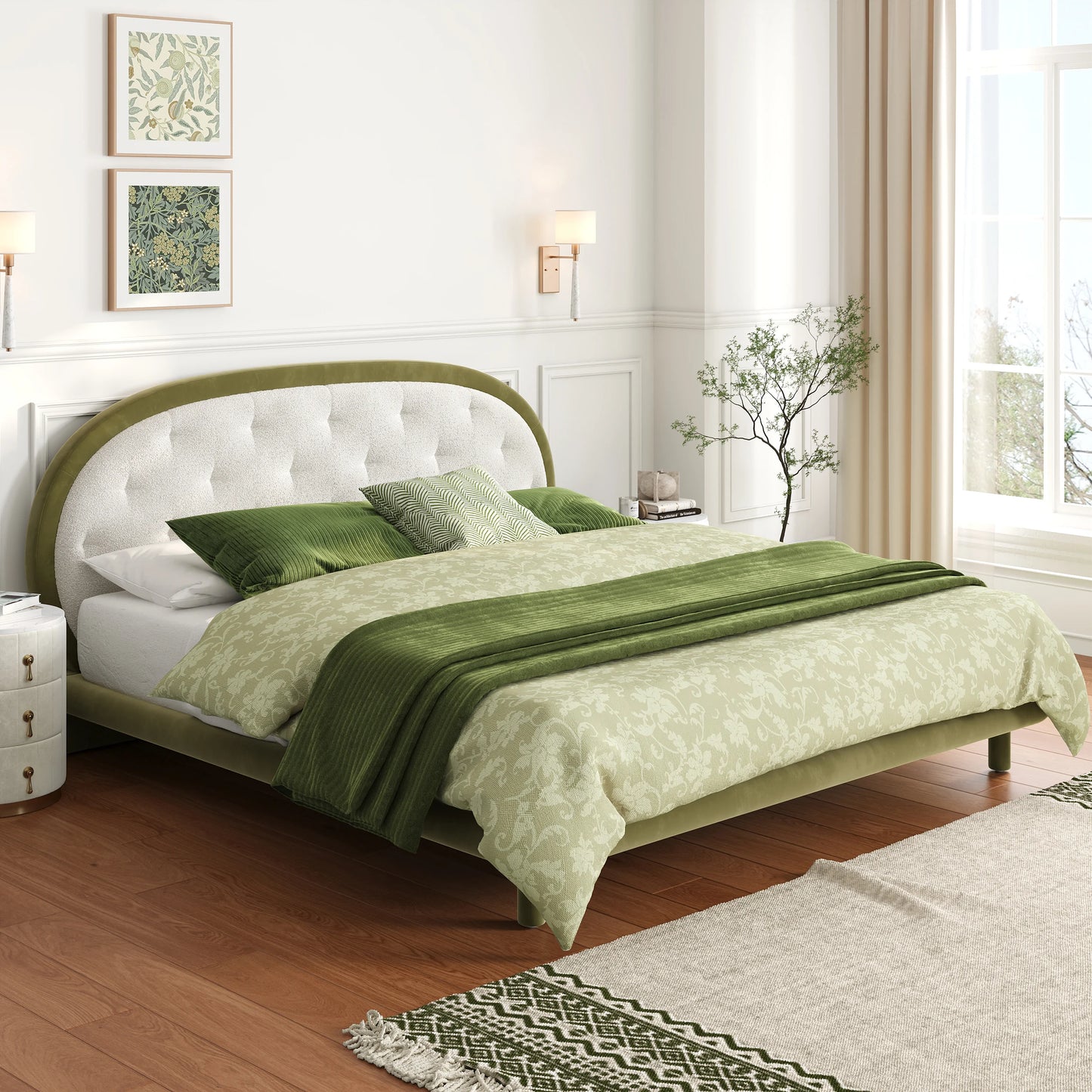 White & Green Velvet Boucle Platform King Bed