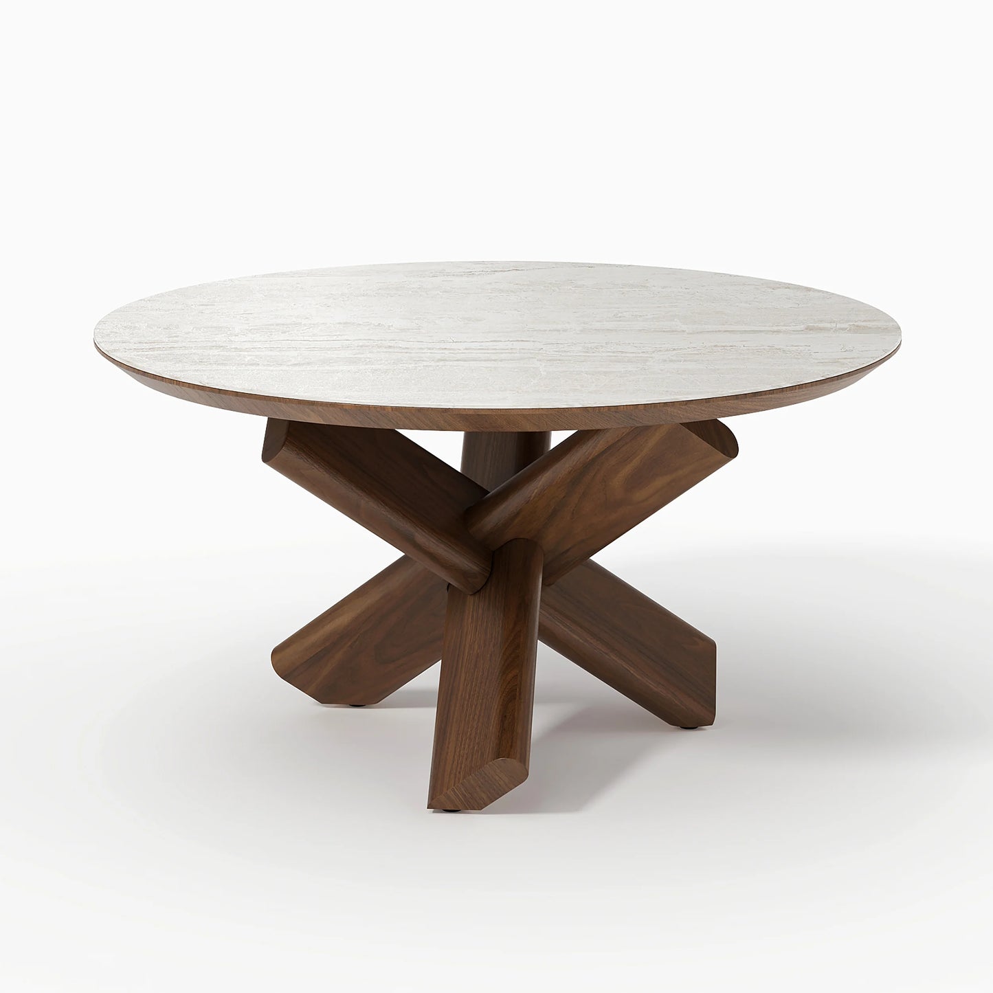 Round Travertine Stone Top Solid Wood Coffee Table