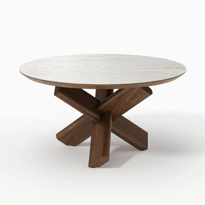 Round Travertine Stone Top Solid Wood Coffee Table