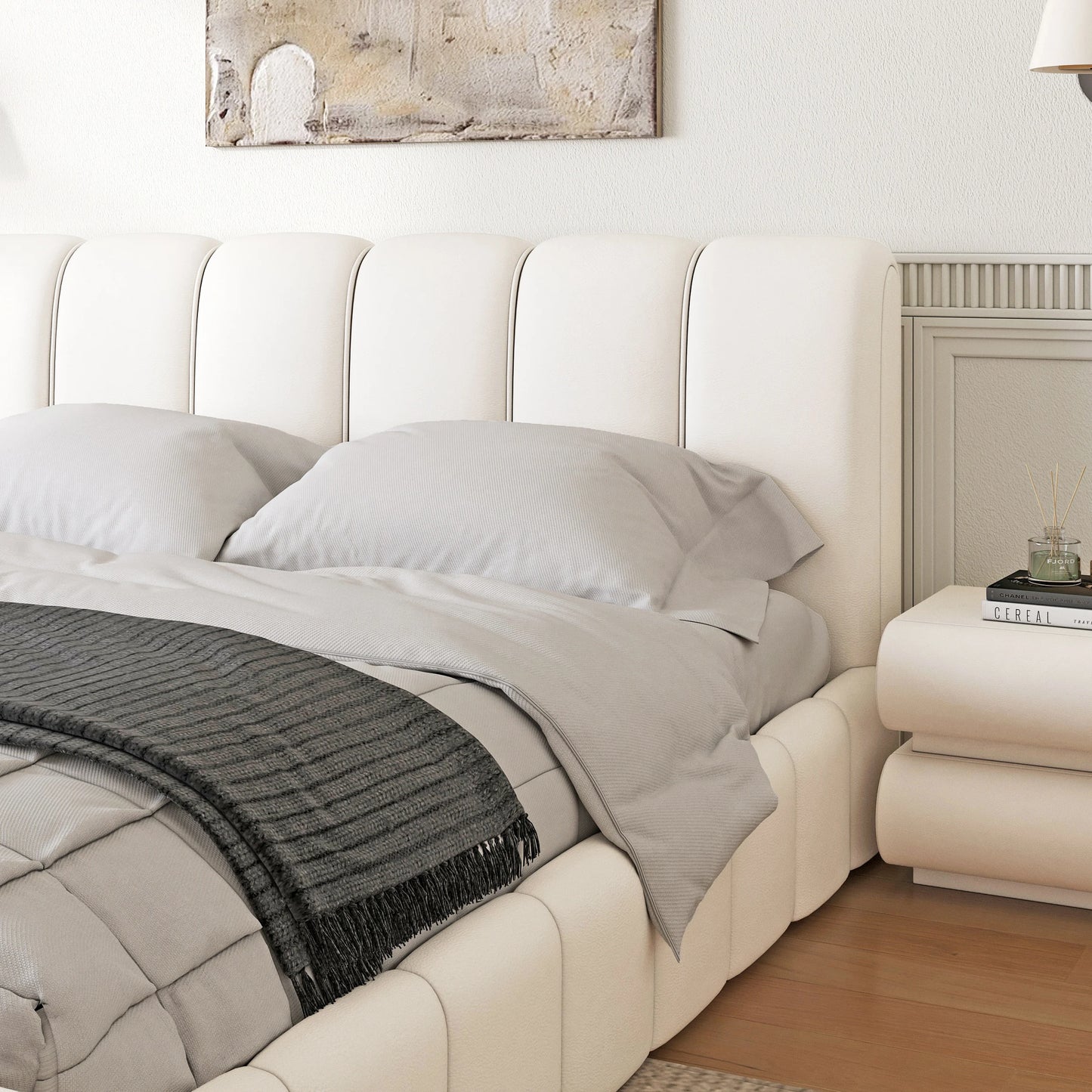 Humply White Leather King Bed