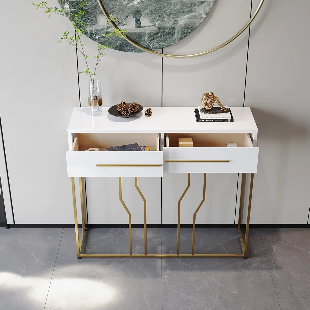 Modern Narrow White Console Table with Storage Wood Entryway Table with Drawers