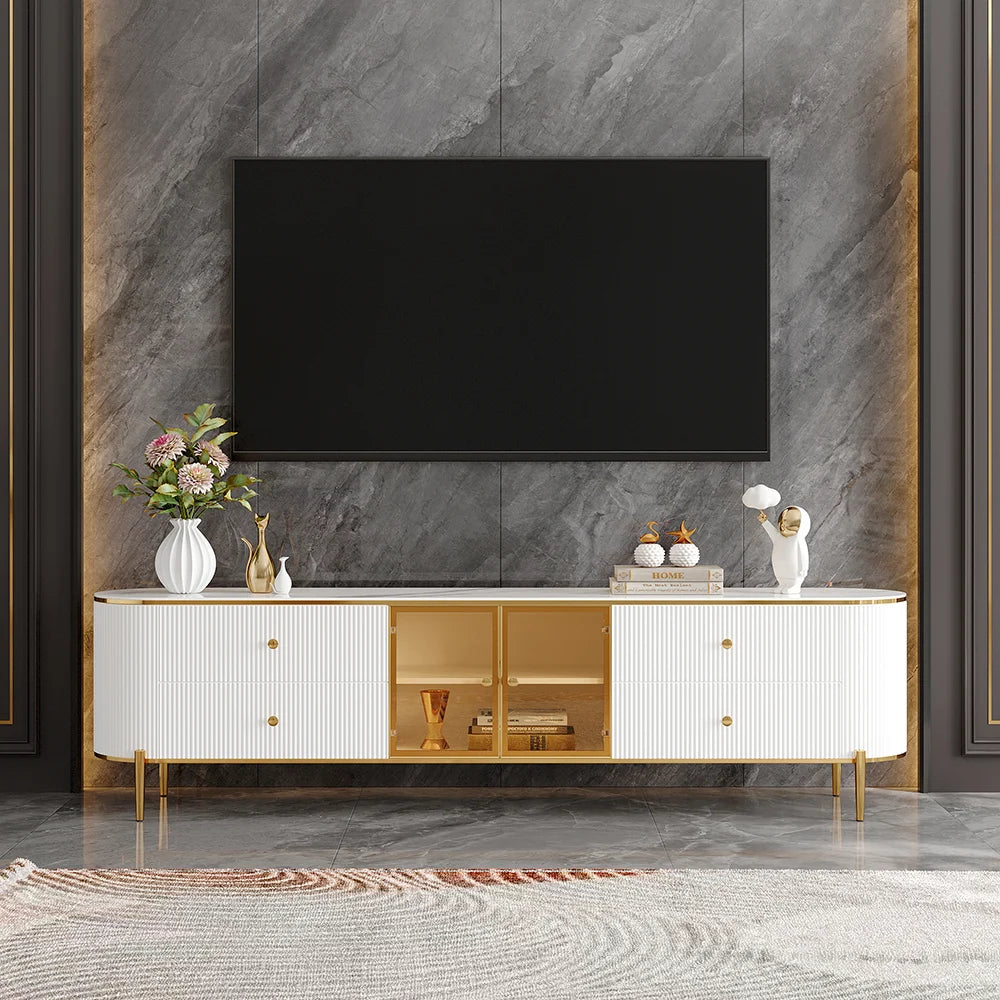 Yelly Modern White TV Stand with Oval Marble Top & Tempered Glass Doors Media Console