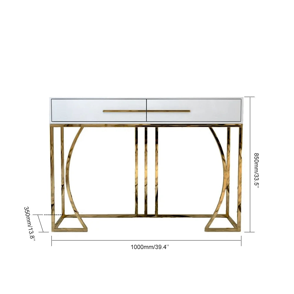 Modern White MDF Top Console Table with Drawers & Gold Stainless Steel Legs