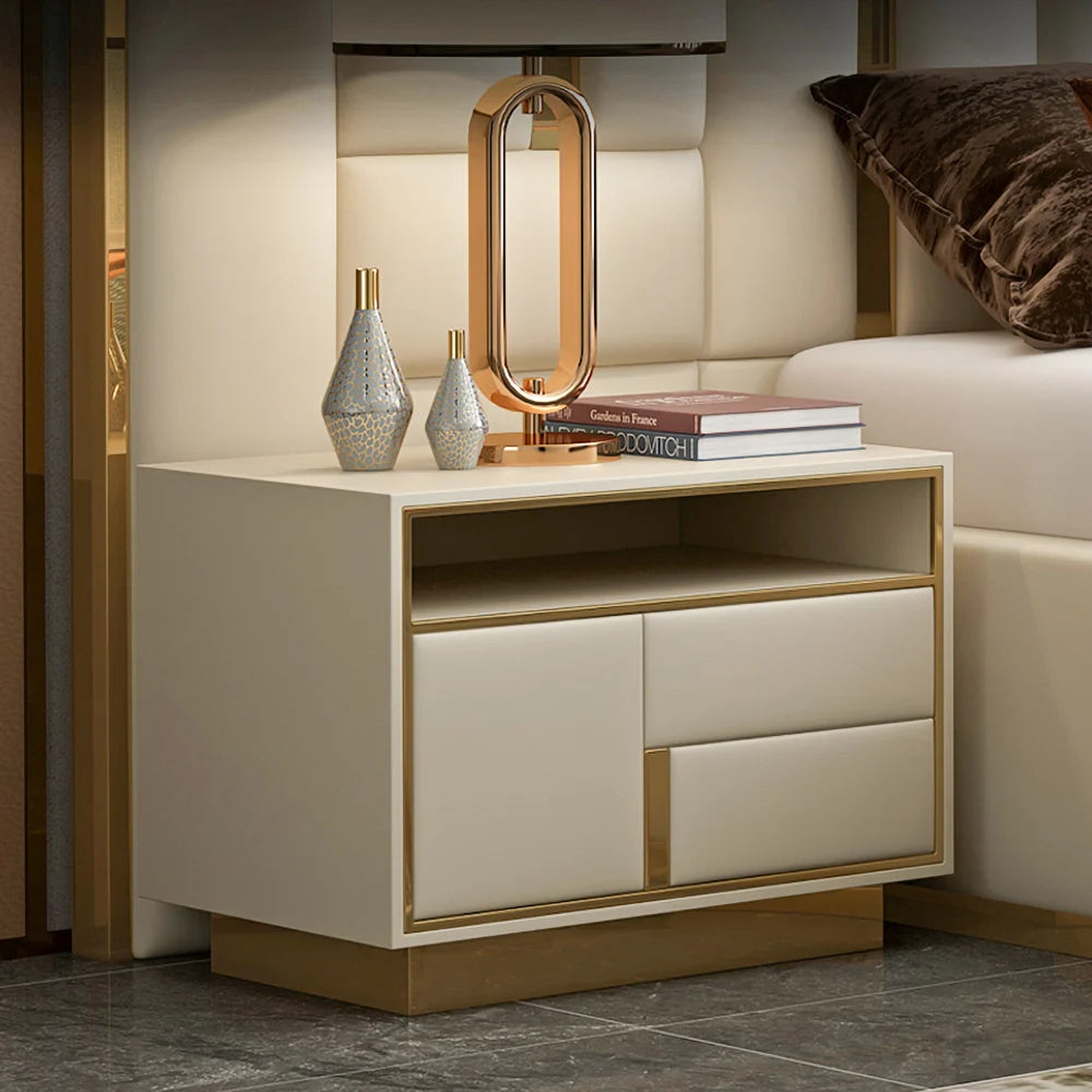 Modern Beige Wooden Nightstand PU Leather