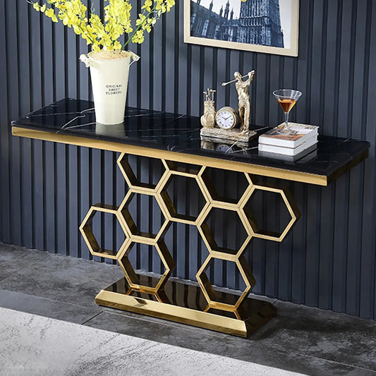 Modern Rectangle Black Marble Console Table Narrow Entryway Table