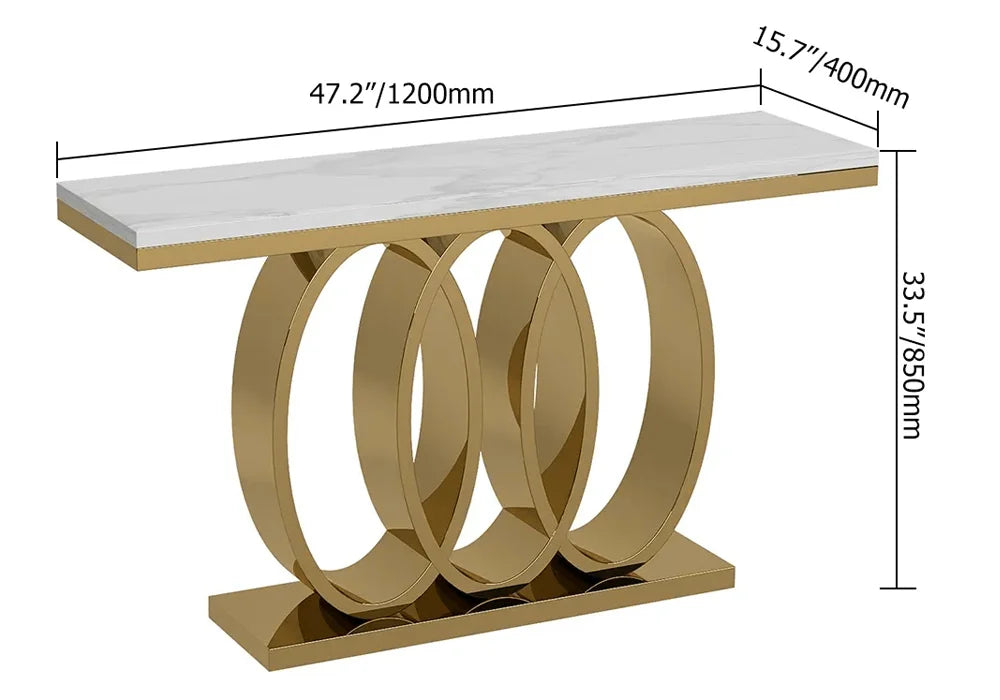 Narrow Modern White Console Table with Faux Marble Top & Stainless Steel Base