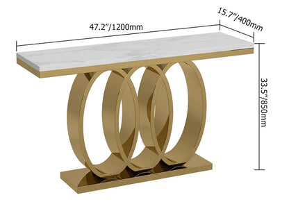 Narrow Modern White Console Table with Faux Marble Top & Stainless Steel Base