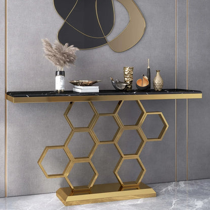 Modern Rectangle Black Marble Console Table Narrow Entryway Table