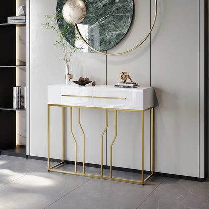 Modern Narrow White Console Table with Storage Wood Entryway Table with Drawers