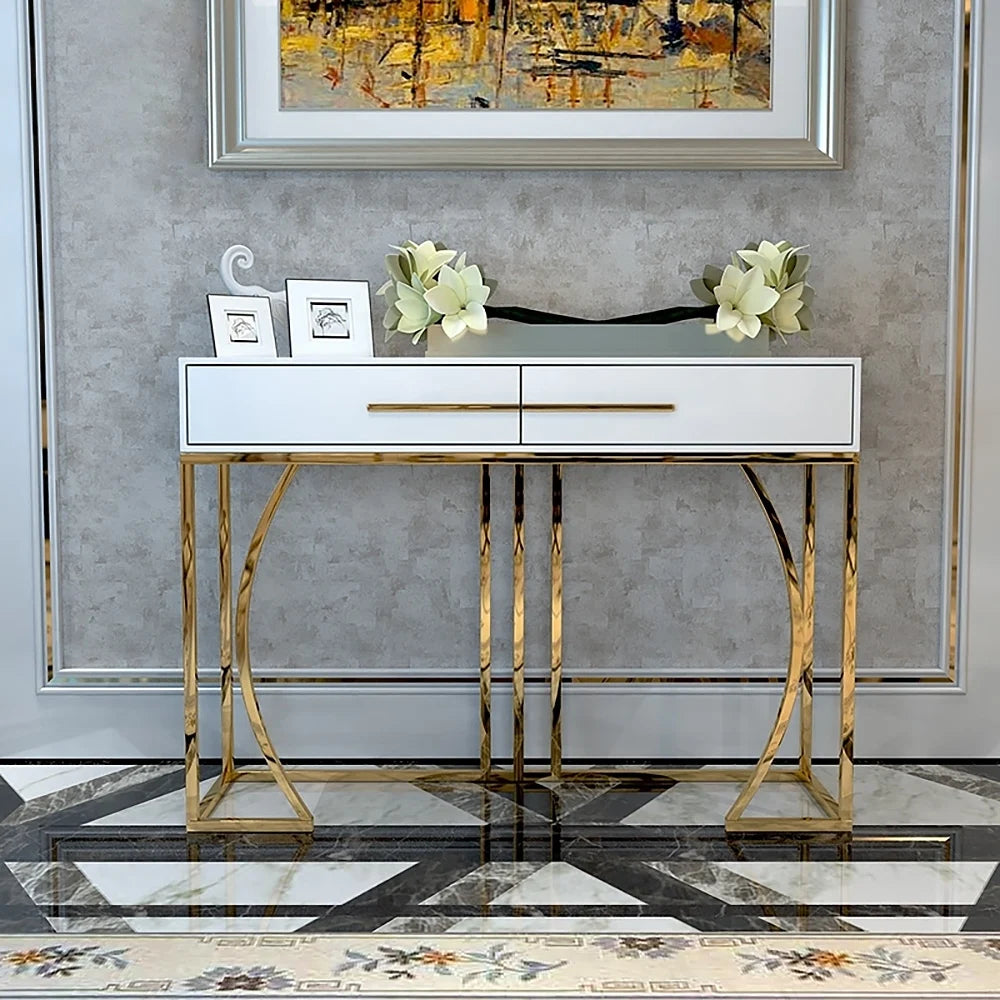 Modern White MDF Top Console Table with Drawers & Gold Stainless Steel Legs