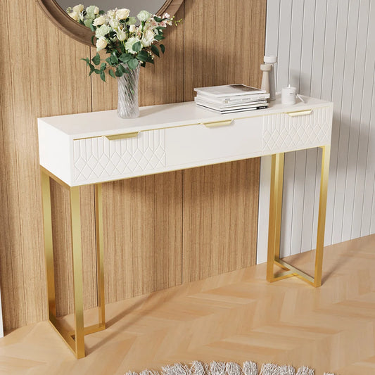 White & Gold Modern Console Table Rectangular Accent Table Entryway Drawers