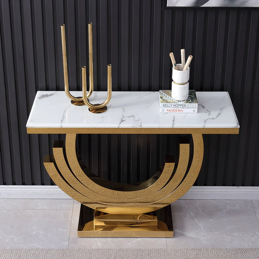 Gold & White Marble Console Table Narrow Rectangle Entryway Table