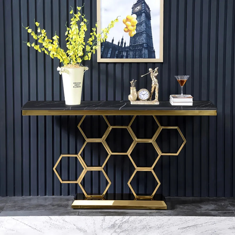 Modern Rectangle Black Marble Console Table Narrow Entryway Table